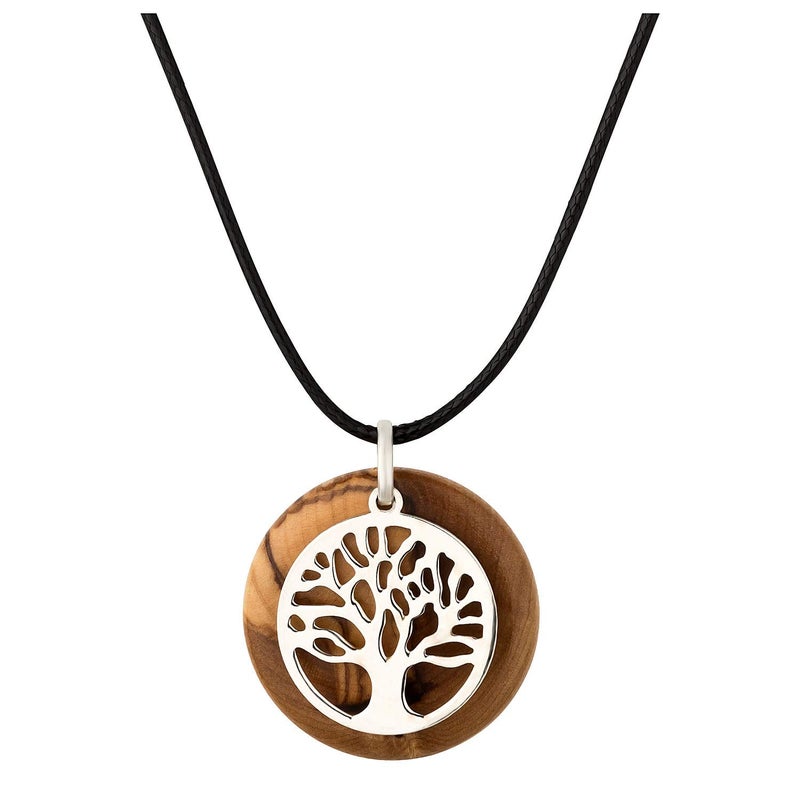 925 STERLING SILVER TREE OF LIFE NECKLACE with OLIVE WOOD PENDANT from the HOLY LAND | Beautiful HANDCRAFTED JEWELRY | Pendant Diameter 1.1 INCHES | Chain Length 20 INCHES | Unique GIFT for HER and HIM